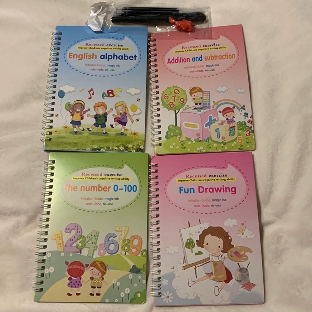 Recessed exercise set of four books for children with invisible/reuse pencils